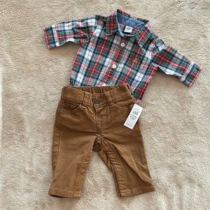 Baby Gap Plaid Onesie and Tan Jeans- 0-3 months- Boys.